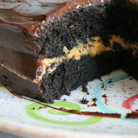 Black Cocoa Cake with Peanut Butter Filling & Sour Cream Chocolate Frosting