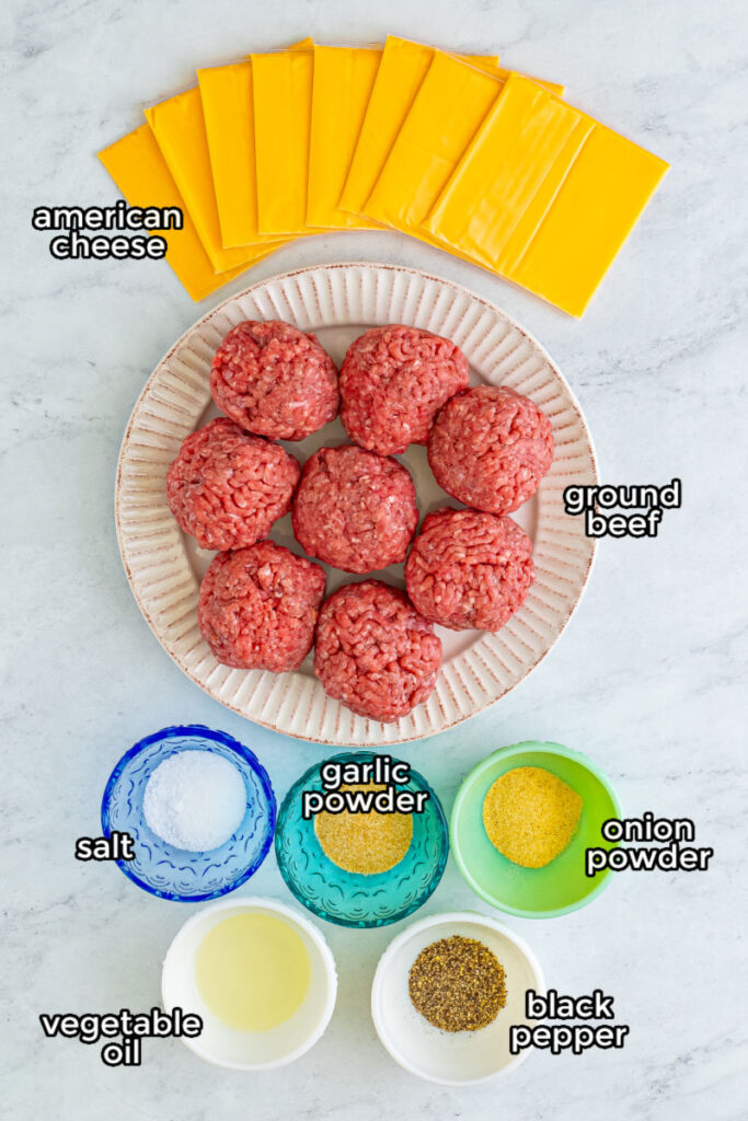 smash burger ingredients with text labels laid out on a counter