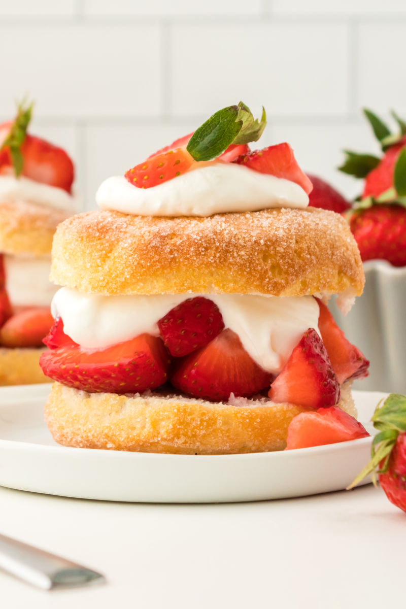 side view of biscuit strawberry shortcake on a plate to the show the layers