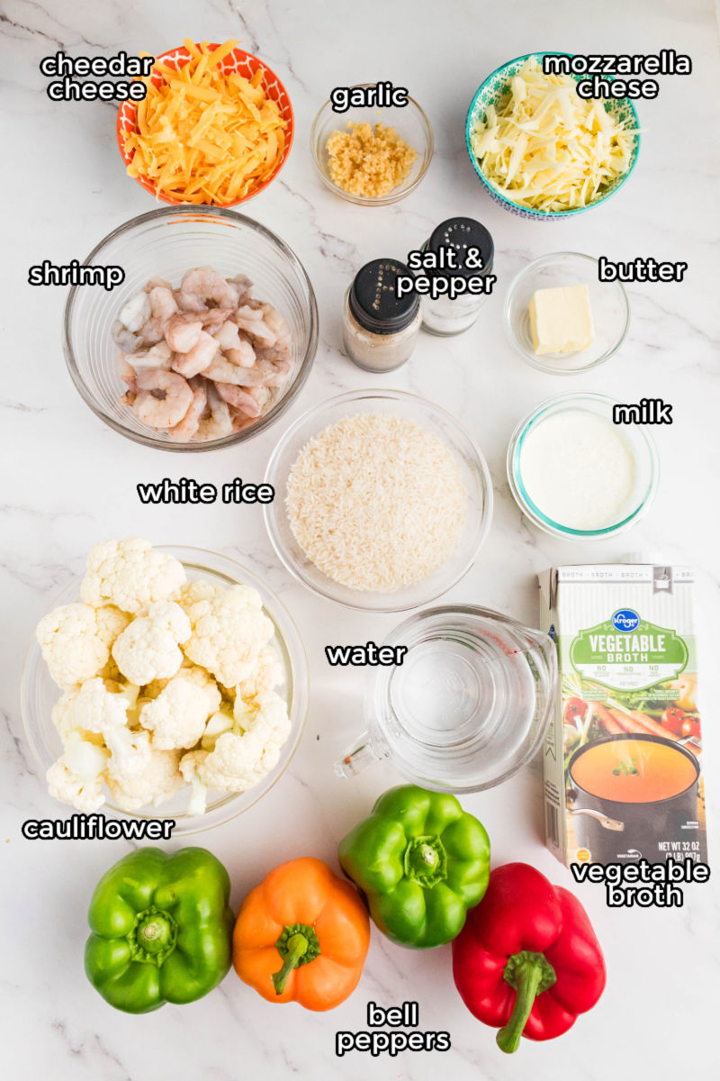 ingredients to make shrimp stuffed peppers laid out on a counter with text labels
