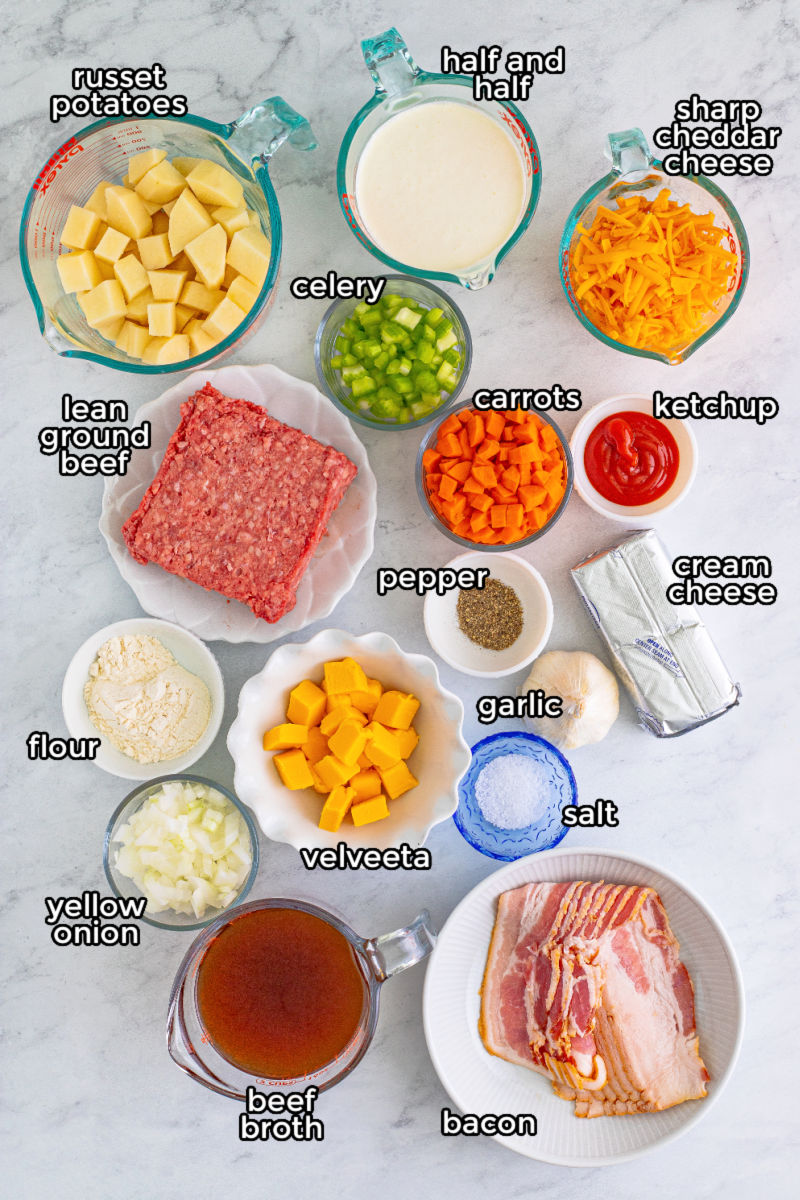 ingredients for making bacon cheeseburger soup on a counter with text labels