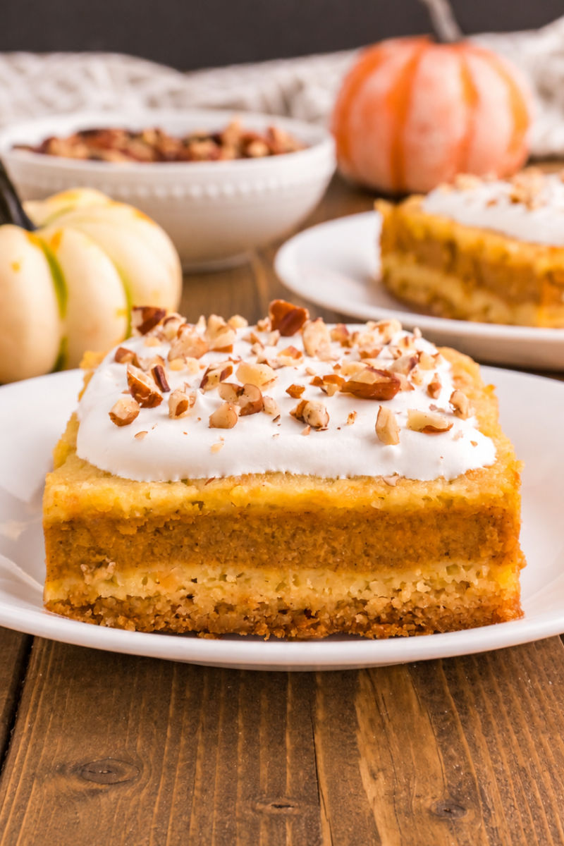 slice of pumpkin pie cake topped with whipped cream and chopped pecans on a small white plate