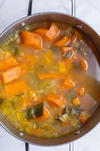 pot of sweet potato soup after simmering
