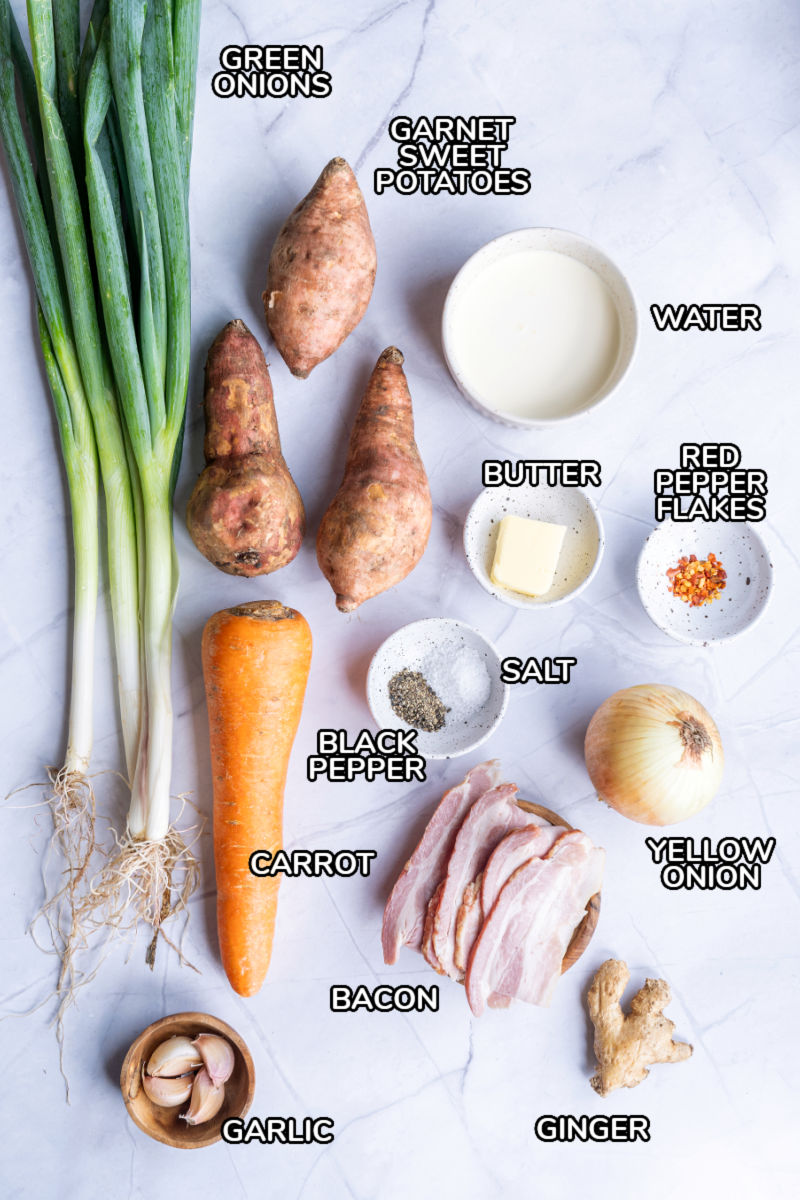 ingredients to make sweet potato soup on a counter with text labels